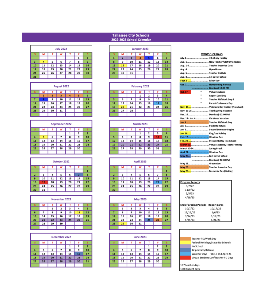 2022 2023 TCS Calendar Tallassee City Schools